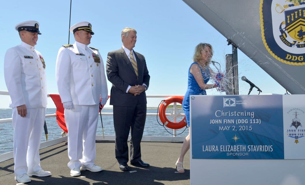 AEGIS DESTROYER JOHN FINN (DDG 113) CHRISTENED AT INGALLS SHIPBUILDING; SHIP NAMED FOR PEARL HARBOR MEDAL OF HONOR RECIPIENT
