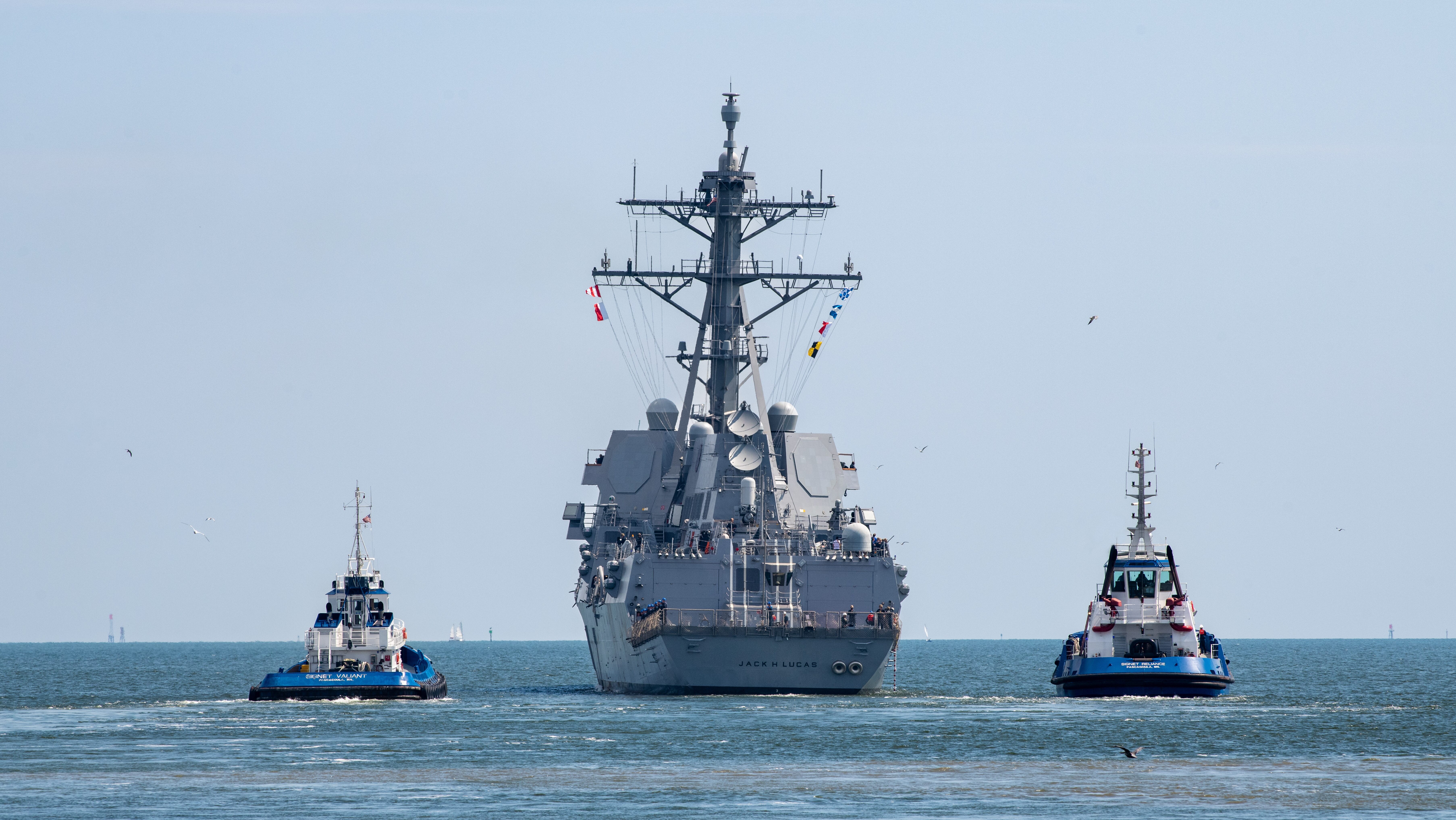 First Flight III Destroyer Jack H. Lucas (DDG 125) Sails Away From