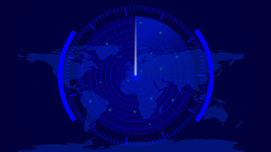 Digital Technology Radar Screen On World Map Scanning Different Information Illustration Background.